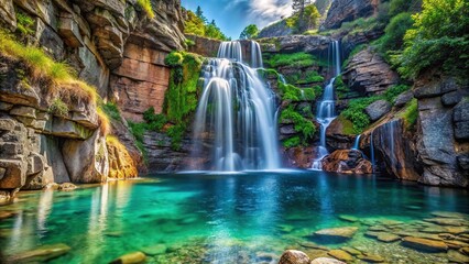 A dramatic waterfall cascading down a rocky cliff into a pool of crystal-clear water, natural wonder, nature's beauty, rocky cliff