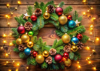 Circle Christmas Wreath with Bells, Balls, and Stars for Festive Food Photography