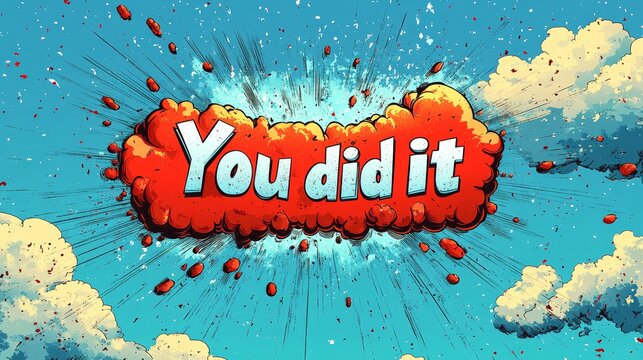 Bright comic-style speech bubble displaying "You did it" in bold white text outlined in red, with a light blue background, vector art, 3D illustration