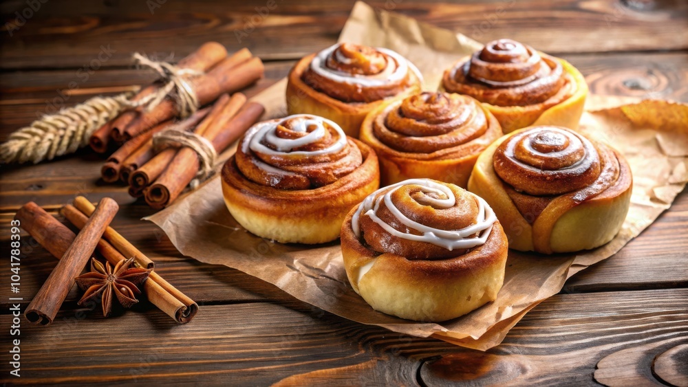 Aufkleber sweet cinnamon rolls with a sprinkle of white frosting and aromatic cinnamon sticks on rustic wooden