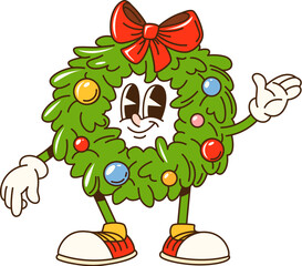 Cartoon groovy Christmas wreath character, adorned with ornaments and red bow. Isolated vector joyful xmas wreath retro personage waving with smiling face. Festive holiday decoration with hippie vibe