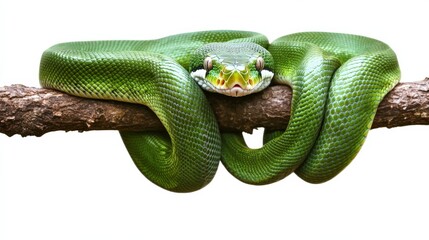 Rare emerald tree boa hanging from a branch, its body in a perfect coil, contrasting against the white background.
