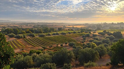 Lush and verdant orange orchard with rows of ripe vibrant citrus fruits growing under a bright sunny sky  Picturesque rural landscape with a panoramic view of the flourishing plantation