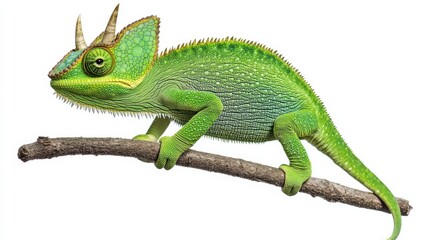 Obraz premium Rare Jacksonâ€™s chameleon gripping a branch, its three horns distinct and vibrant against the white backdrop.