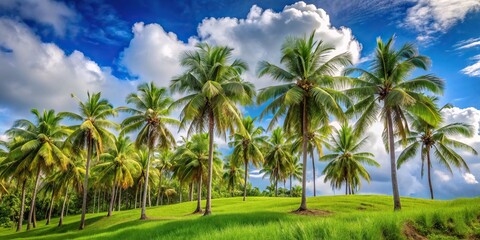 Fototapeta premium A cluster of young coconut palms grow together in a grove on a lush green hillside with a bright blue sky and fluffy white clouds, nature's beauty, outdoor landscapes
