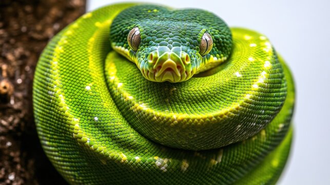 Rare green tree python curled on a branch, its vibrant scales standing out against the white background.