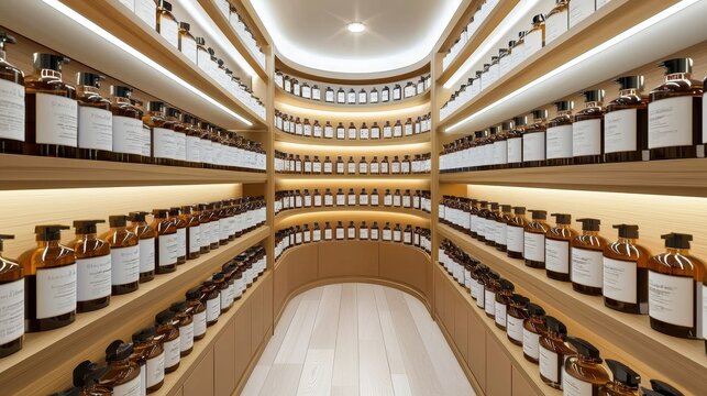 Modern apothecary with shelves lined with glass bottles in a minimalist design, illuminated for a clean aesthetic.