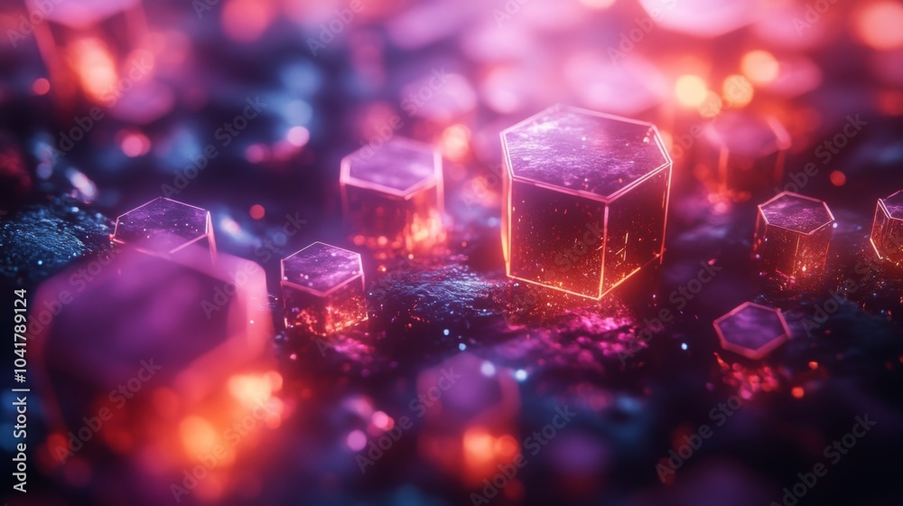 Poster An arrangement of glowing crystals reflects various hues, creating a mesmerizing effect. The close-up view emphasizes their intricate shapes and vibrant colors, evoking a sense of wonder.