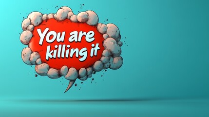 Cartoon speech bubble containing the phrase "You are killing it" in white bold text outlined in red on a light blue background, vector art, 3D illustration