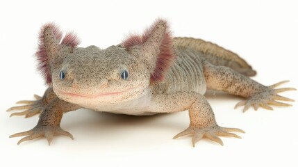 Obraz premium Rare species of axolotl swimming in clear water, its gills spread out, against a white background.