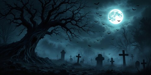 A spooky Halloween graveyard scene with a creepy, gnarled tree, ominous fog, and bats flying across a full moon.