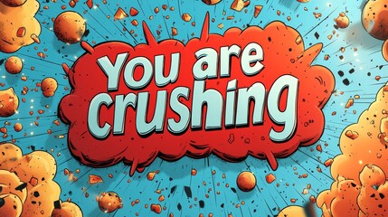 Fun comic speech bubble displaying "You are crushing it" in bold white text with a red outline on a light blue background, vector, 3D illustration