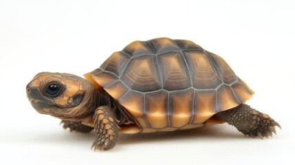 Fototapeta premium Sulcata tortoise hatchling with detailed ridges in its shell, slowly moving across a white background.