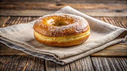 A freshly baked donut with a delicate sprinkle of powdered sugar resting on a rustic linen napkin