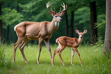 Obraz premium deer antlers young fawn roam freely natural habitat together