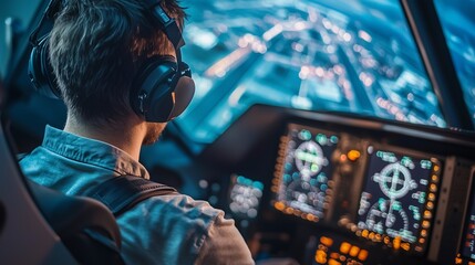 Obraz premium Pilot in cockpit using flight simulator with cityscape view, illustrating immersive virtual aviation training.