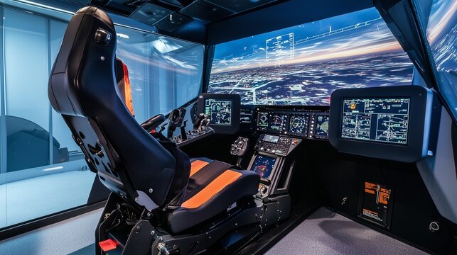 Cockpit with vr setup for immersive flight simulation experience. Safe environment for training.