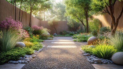 A small garden featuring gravel paths and large ornamental grasses, photorealistic