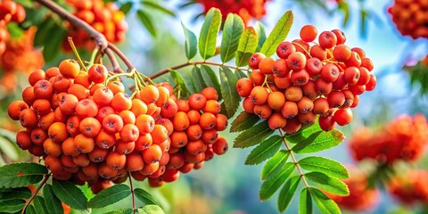 Bunches of ripe mountain ash berries on a branch