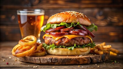 Burger with bacon, onion rings, barbecue sauce, fries, and beer in selective focus shot