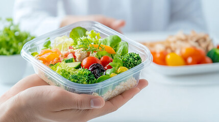 
Hands of man holding vegetarian lunch box near woman at table