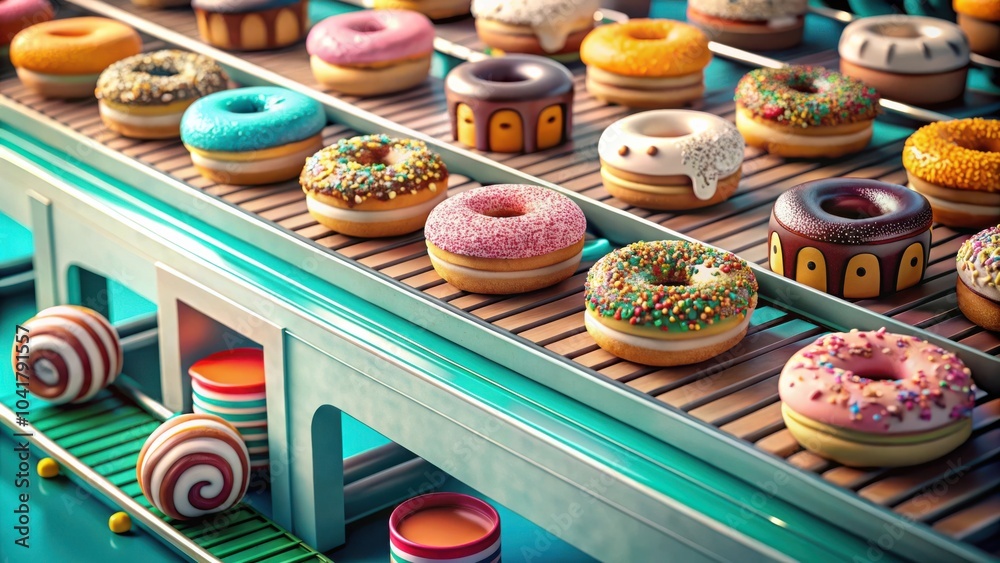 Poster a conveyor belt carrying a delicious array of freshly baked donuts, each one a unique and tempting t
