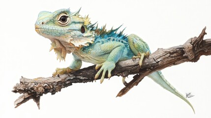 Fototapeta premium Uncommon emerald swift lizard with its shimmering blue-green scales, perched on a branch against a white background.