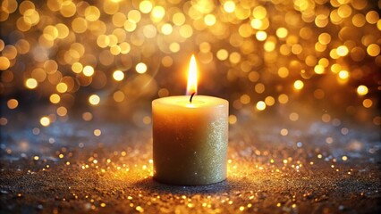 Burning candle against twinkling background aerial view