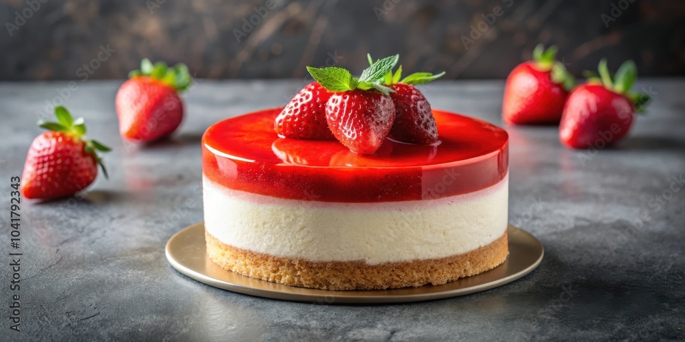 Poster a close-up of a strawberry cheesecake with a glossy red topping, surrounded by fresh strawberries on