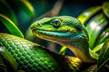 Fototapeta premium Close-Up of a Green Snake's Head Above Lush Green Plant, Nature Close-Up Photography