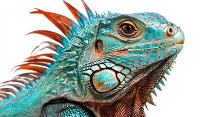 Fototapeta premium Uncommon Fijian iguana with its brilliant blue-green coloring, perched gracefully against a white background.