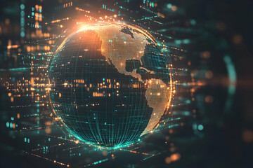 Obraz premium Digital Earth surrounded by glowing lines and numbers, symbolizing global connectivity and data flow