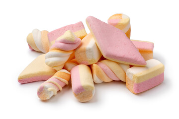 Heap of colorful marshmallow, spekkies, isolated on white background close up