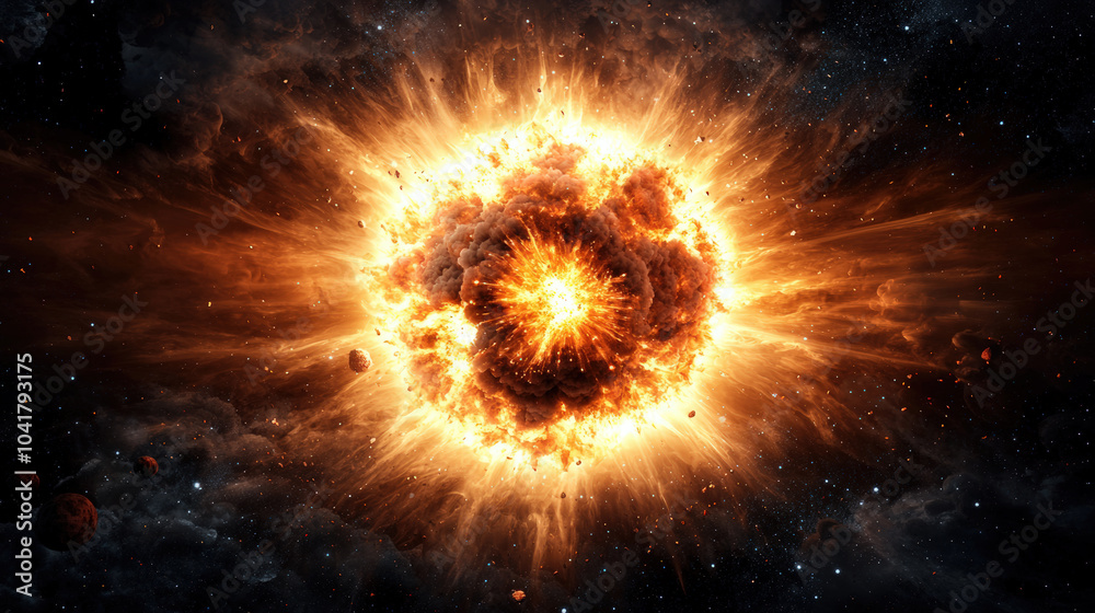 Wall mural massive planet exploding in space creates stunning visual spectacle against dark background, showcas