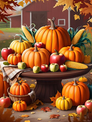 A vibrant autumn harvest display featuring pumpkins, apples, and corn on a rustic table outside a red barn