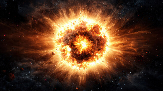 massive planet exploding in space creates stunning visual spectacle against dark background, showcasing vibrant colors and dynamic energy