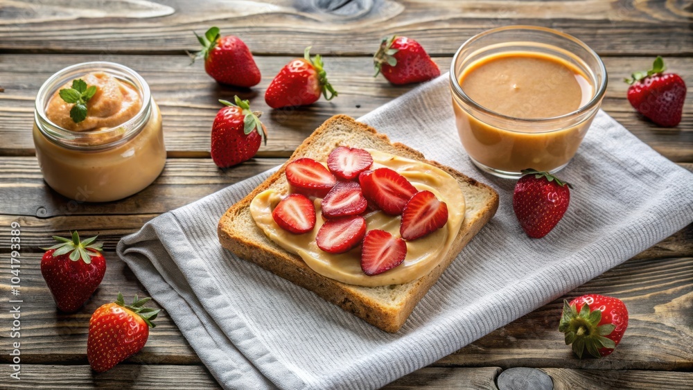 Poster A simple yet delicious breakfast of toast spread with peanut butter and topped with sliced strawberries, accompanied by a glass of creamy peanut butter