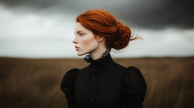 striking portrait of ginger haired woman in black Victorian dress, set against dramatic sky. scene captures sense of elegance and mystery