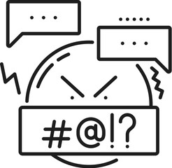 Blogging line icon, social media and multimedia content. Vector linear sign of hate with angry face and speech bubbles symbolizing negative emotions and online aggression in social media networks