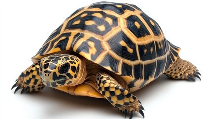 Obraz premium Uncommon pet Burmese star tortoise, its intricately patterned shell isolated against a white background.