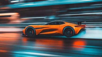 Vibrant orange sports car speeding on a track, highlighting luxury and speed with motion blur.