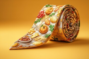Thanksgiving-themed ties concept. A colorful patterned necktie featuring autumn themes like pumpkins and harvest items resting against a bright yellow background