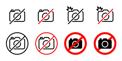 Photography not allowed symbol set. Camera ban sign. No photo warning icon. Don't use flash label. Prohibition sticker for area places.