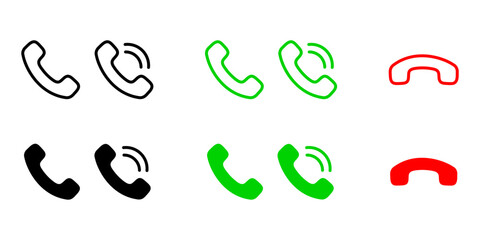 Fototapeta premium Call outline and fill Icon. Phone Dial Symbols. Answer and Decline sign. Green and Red vector button.
