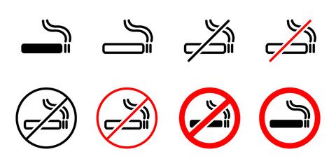 No smoking symbol set. Cigarette ban sign. Do not smoke warning icon. Smoking is forbidden label. Prohibition sticker for area places.