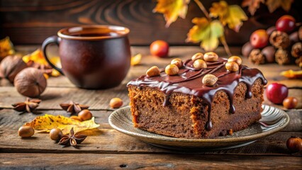 A decadent chocolate cake with hazelnut topping served with a cup of tea and autumnal decor
