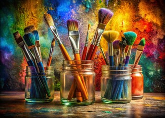 Close-Up of Colorful Acrylic Paints and Brushes for Painting by Numbers Macro Photography