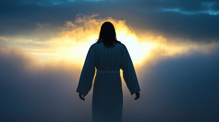 Obraz premium Figure in white robe standing in fog, illuminated by bright light, evokes sense of peace and spirituality. scene captures moment of reflection and serenity