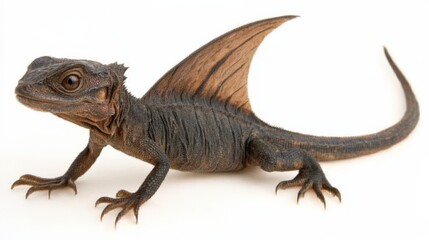 Naklejka premium Uncommon pet sailfin dragon lizard, standing tall with its distinct sail fin raised against the white backdrop.