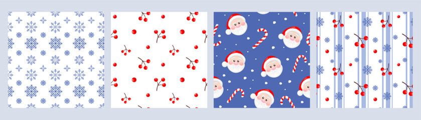 Chtistmas seamless pattern set with Santa Claus, snowflakes, candy cane, red berries, Chtistmas holly. Design for print, wrapping paper, textile, fabric, wallpaper. Vector illustration